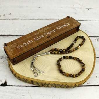Personalized En Baba Adam Wooden Box Letterhead Natural Stone Tiger Eye Rosary Set